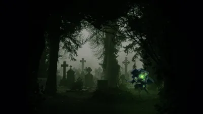 Bright Dark Wallpaper Black/Dark Wallpaper 4K 2560x1440 Dark, Cemetery, Scene, Shrouded, In, Mist, With, Silhouetted, Crosses, Eerie, Green, Light, Gray, Ultrawide, QHD