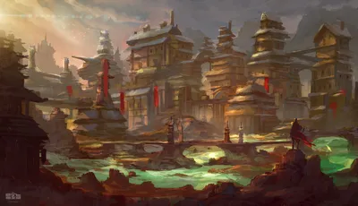 Dreamy Fantasy Wallpaper World Wallpaper 4K 3226x1859 Fantasy, Cityscape, With, Layered, Pagoda, Towers, Misty, Bridges, Glowing, Emerald, Pools, Quad, Gray, Ultrawide, QHD