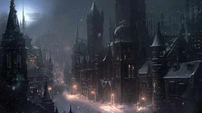 Gothic Snowy Cityscape Illuminated Lanterns World Wallpaper 4K 2912x1632 A, Gothic, Snowy, Cityscape, Illuminated, By, Lanterns, Under, Moonlit, Sky, Creating, Dark, Gray, Ultrawide, QHD
