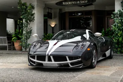 Black Pagani Huayra Cars Wallpaper 4K 2048x1365 Black, Pagani, Huayra, Supercar, With, White, Racing, Stripes, Parked, Front, Building, Showcased, Gray, Ultrawide, Full HD