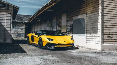 Dreamy Yellow Wallpaper Cars Wallpaper 4K 3840x2160 Yellow, Lamborghini, Aventador, Sv, Supercar, Parked, Beside, Weathered, Wooden, Buildings, Under, Cloudy, Gray, White, Ultrawide, 4k