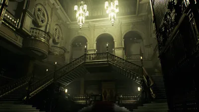 Moody Dim Wallpaper Games Wallpaper 4K 3840x2160 Dim, Ominous, Mansion, Foyer, With, Double, Staircases, And, Chandeliers, Resident, Evil, Veronica, Gray, Ultrawide, 4k