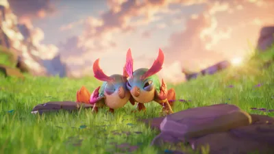 Serene Two Wallpaper Abstract Wallpaper 4K 3840x2160 Two, Colorful, Crab-like, Creatures, Nuzzle, On, A, Sunlit, Grassy, Field, Under, Glowing, White, Ultrawide, 4k