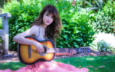 Vivid Woman Wallpaper Nature Wallpaper 4K 2560x1600 A, Woman, Sits, Outdoors, Playing, Guitar, Surrounded, Lush, Greenery, Colorful, Flowers, Captures, White, Gray, Orange, Ultrawide, QHD