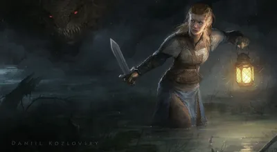 Calm Blonde Wallpaper Black/Dark Wallpaper 4K 1920x1059 A, Blonde, Viking, Woman, Warrior, Holding, Sword, Lantern, Wades, Through, Dark, Water, Brown, Gray, Ultrawide, Full HD