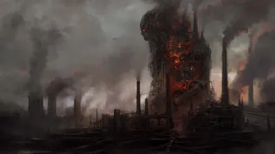 Dark Factory Landscape Filled Black/Dark Wallpaper 4K 1920x1080 A, Dark, Factory, Landscape, Filled, With, Billowing, Smoke, Showcasing, Pollution, Industrial, Buildings, Gray, Ultrawide, Full HD