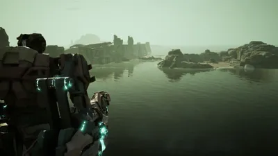 Dark Armored Wallpaper Games Wallpaper 4K 3840x2160 Armored, Figure, Surveys, A, Green-tinted, Alien, Shoreline, Across, Green, Tinted, Calm, Reflective, White, Ultrawide, 4k