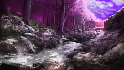 Serene Fantasy Forest Vibrant Pink Nature Wallpaper 4K 3840x2160 A, Serene, Fantasy, Forest, Scene, With, Vibrant, Pink, Blossoms, Lining, Flowing, River, Gray, Ultrawide, 4k