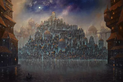 Fantasy Cityscape Towering Buildings Clustered World Wallpaper 4K 1920x1280 Hd, Fantasy, Cityscape, With, Towering, Intricate, Buildings, Clustered, Hill, Glowing, Softly, Under, Gray, Landscape, Full HD
