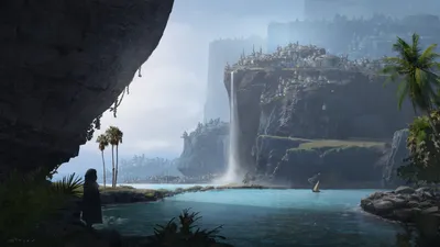 Fantasy City Perched Atop Cliffs Nature Wallpaper 4K 3000x1688 A, Fantasy, City, Perched, Atop, Cliffs, With, Waterfalls, Flowing, Into, Serene, Blue, White, Gray, Ultrawide, QHD