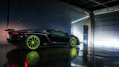 Vivid Black Wallpaper Cars Wallpaper 4K 1920x1080 Black, Lamborghini, Aventador, Lp, 700-4, With, Neon, Green, Rims, Parked, Dimly, Lit, White, Gray, Ultrawide, Full HD