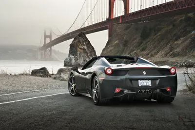 Dark Sleek Wallpaper Cars Wallpaper 4K 3872x2592 A, Sleek, Black, Ferrari, 458, Spider, Parked, By, Coast, Iconic, Golden, Gate, White, Landscape, 4k