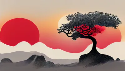 Calm Abstract Wallpaper Nature Wallpaper 4K 2688x1536 Abstract, Japanese-style, Hd, Desktop, Wallpaper, Depicting, A, Solitary, Tree, Mountain, Large, Red, Gray, Ultrawide, QHD