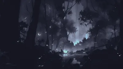 Moody Digital Wallpaper Nature Wallpaper 4K 3840x2160 Digital, Art, Illustration, Painting, Landscape, Artwork, Moonlit, Forest, Glowing, Lights, Gray, Ultrawide, 4k