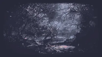 Moody Moonlit Forest Clearing Blue Nature Wallpaper 4K 1920x1080 Moody, Moonlit, Forest, Clearing, In, A, Blue-gray, Palette, Digital, Painting, Illustration, Landscape, Gray, Ultrawide, Full HD