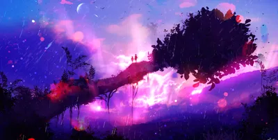 Epic Fantasy Wallpaper Nature Wallpaper 4K 2610x1316 A, Fantasy, Anime, Hd, Wallpaper, Featuring, Two, People, Standing, Tree, Branch, Against, White, Pink, Purple, Ultrawide, QHD