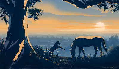 Serene Sunset Horse Nature Wallpaper 4K 1920x1120 Hd, Desktop, Wallpaper, And, Background, Featuring, A, Serene, Sunset, Scene, Horse, Foal, Orange, Gray, Ultrawide, Full HD
