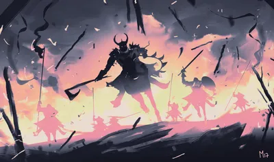 Serene Digital Wallpaper Nature Wallpaper 4K 1920x1135 Digital, Art, Painting, Illustration, Artwork, Landscape, Silhouetted, Horned, Warrior, Axe, Two, Gray, White, Ultrawide, Full HD
