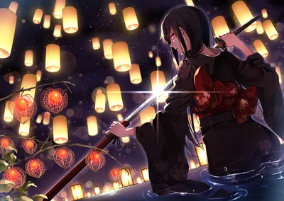 Anime Warrior Black Black/Dark Wallpaper 4K 1989x1413 Anime, Warrior, With, Black, Hair, Red, Eyes, Dressed, Kimono, Holds, Katana, Under, Landscape, Full HD