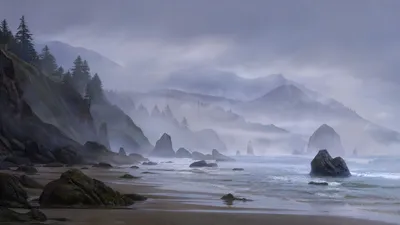Calm Misty Wallpaper Nature Wallpaper 4K 3840x2160 Misty, Seashore, With, Rocky, Shoreline, Waves, And, Distant, Pine, Covered, Cliffs, Ultra, Gray, Ultrawide, 4K
