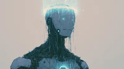 Misty Sci Wallpaper Technology Wallpaper 4K 2944x1648 Sci-fi, Robot, Portrait, With, Dripping, Circuitry, And, A, Glowing, Chest, Core, Moody, Gray, Ultrawide, QHD
