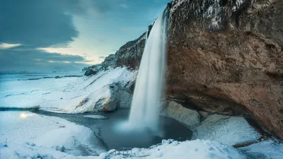 Seljalandsfoss Waterfall Iceland Winter Nature Wallpaper 4K 7680x4320 Hd, Desktop, Wallpaper, Of, Seljalandsfoss, Waterfall, In, Iceland., Stunning, Winter, Landscape, White, Gray, Ultrawide, 4K