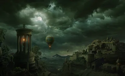 Dark Artistic Painting Glowing Beacon Black/Dark Wallpaper 4K 1680x1035 A, Dark, Artistic, Painting, Featuring, Glowing, Beacon, Tower, Hot, Air, Balloons, Distant, Gray, Ultrawide