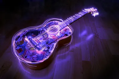 Moody Vibrant Wallpaper Abstract Wallpaper 4K 3008x2000 A, Vibrant, Guitar, Illuminated, With, Colorful, Light, Effects, Resting, Wooden, Floor, Serves, Brown, Gray, Ultrawide, QHD