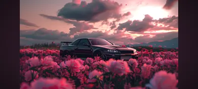 Moody Skyline Wallpaper Nature Wallpaper 4K 2400x1080 A, Nissan, Skyline, R34, Parked, In, Vibrant, Pink, Flower, Field, Sunset, Captured, White, Gray, Ultrawide, Full HD