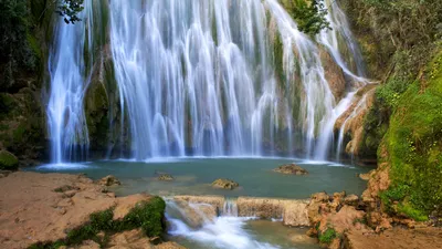 Serene Waterfall Cascades Rocky Nature Wallpaper 4K 1920x1080 A, Serene, Waterfall, Cascades, Over, Rocky, Terrain, Into, Tranquil, Pool, Surrounded, Lush, White, Gray, Ultrawide, Full HD