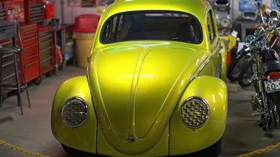 Vibrant Yellow Volkswagen Beetle Garage Cars Wallpaper 4K 1920x1080 Hd, Desktop, Wallpaper, Featuring, A, Vibrant, Yellow, Volkswagen, Beetle, Parked, Garage, Tools, Pink, Ultrawide, Full HD