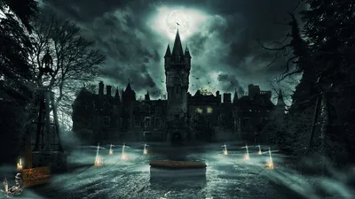 Dreamy Gothic Wallpaper Space Wallpaper 4K 1920x1080 A, Gothic, Scene, Features, Dark, Castle, Under, Full, Moon, Coffin, Illuminated, Eerie, White, Gray, Ultrawide, Full HD