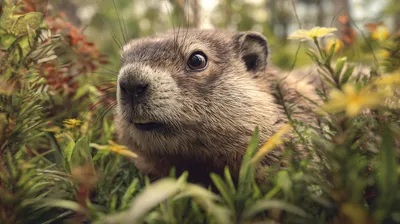Close Groundhog Peeking Nature Wallpaper 4K 2912x1632 Close-up, Of, A, Groundhog, Peeking, Through, Meadow, Wildflowers, Lush, Green, Foreground, Quad, Gray, Ultrawide, QHD