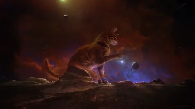 Cosmic Cat Interacting Small Space Wallpaper 4K 1924x1080 A, Cosmic, Scene, Featuring, Cat, Interacting, With, Small, Planets, Against, Vivid, Space, Brown, Gray, Ultrawide, Full HD