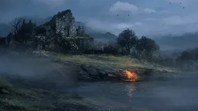 Mystical Landscape Foggy Riverbank Ancient Nature Wallpaper 4K 1920x1080 A, Mystical, Landscape, Featuring, Foggy, Riverbank, Ancient, Ruins, Glowing, Fire:, Creating, Captivating, Gray, Ultrawide, Full HD