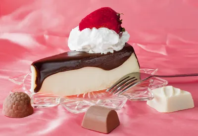 Vivid Delectable Wallpaper Abstract Wallpaper 4K 3400x2340 A, Delectable, Slice, Of, Cake, Topped, With, Whipped, Cream, Strawberry, Surrounded, Assorted, Pink, Gray, White, Landscape, QHD