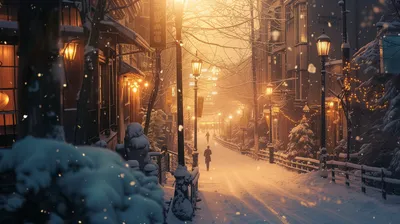 Serene Snowy City Captures Softly World Wallpaper 4K 2912x1632 A, Serene, Snowy, City, Scene, Captures, Softly, Lit, Streetlamps, Along, Tranquil, Snow-covered, Orange, Ultrawide, QHD