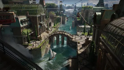 Fantasy Cityscape Bridges Canals World Wallpaper 4K 3840x2160 A, 4k, Ultra, Hd, Fantasy, Cityscape, With, Intricate, Bridges, Canals, Lush, Greenery, Gray, Ultrawide