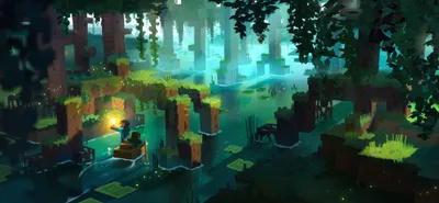 Vibrant Minecraft Inspired Character Games Wallpaper 4K 4096x1899 Vibrant, Minecraft-inspired, Scene, Featuring, A, Character, Exploring, Lush, Illuminated, Forest, Water, Greenery, Brown, Gray, Yellow, Ultrawide, 4K