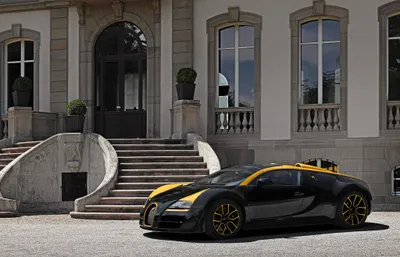 Dreamy Black Wallpaper Cars Wallpaper 4K 4096x2633 A, Black, Bugatti, Veyron, Supercar, With, Orange, Accents, Parked, Front, Grand, Building, Gray, Ultrawide, 4k