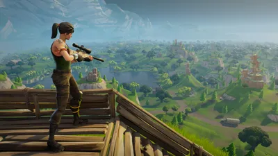 Fortnite Character Stands Games Wallpaper 4K 8032x4520 A, Fortnite, Character, Stands, Atop, Wooden, Structure, Holding, Sniper, Rifle, Overlooking, Vast, Gray, Ultrawide, 4k