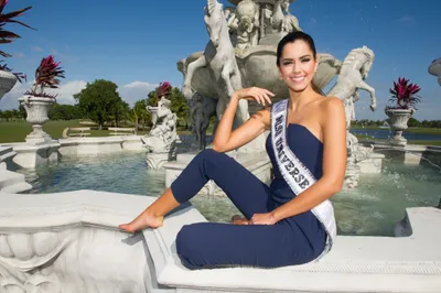 Calm Miss Wallpaper Space Wallpaper 4K 4256x2832 Miss, Colombia, And, Universe, Paulina, Vega, Smiles, Gracefully, While, Seated, Stunning, Fountain, White, Ultrawide, 4k