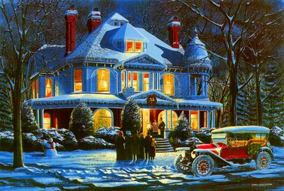 Vintage Car Outside Retro House Cars Wallpaper 4K 1993x1338 A, Vintage, Car, Parked, Outside, Retro-style, House, Decorated, Christmas, During, Snowy, Holiday, Gray, Pink, Landscape, Full HD