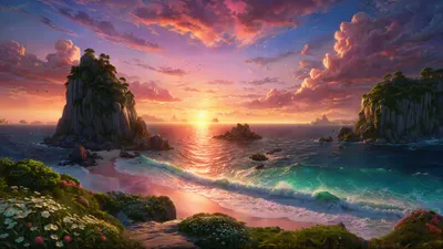 Golden Seascape Wallpaper Nature Wallpaper 4K 3840x2160 A, Stunning, Seascape, At, Sunset, Featuring, Vibrant, Coastline, Lush, Greenery, Rocky, Formations, Brown, Gray, Ultrawide, 4k