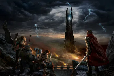 Bold Dramatic Wallpaper Fantasy Wallpaper 4K 2400x1593 A, Dramatic, Hd, Wallpaper, Showcasing, Fantasy, Warriors, Standing, Before, Dark, Tower, Mordor, Gray, Ultrawide, Full HD