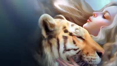 Dark Fantasy Wallpaper Animals Wallpaper 4K 1920x1080 A, Fantasy-themed, Hd, Desktop, Wallpaper, Featuring, Serene, Woman, Flowing, Hair, Gently, Interacting, White, Gray, Ultrawide, Full HD