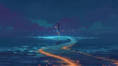 Anime Girl Long Black Hair Black/Dark Wallpaper 4K 1920x1080 Anime, Girl, With, Long, Black, Hair, Standing, Near, Water, Night, Surrounded, Glowing, Brown, Ultrawide, Full HD