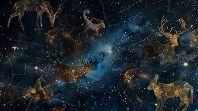 Serene Depicting Wallpaper Space Wallpaper 4K 2912x1632 Hd, Wallpaper, Depicting, Various, Zodiac:, Constellations, With, Symbolic, Illustrations, Against, Starry, Space, Gray, Brown, Ultrawide, QHD