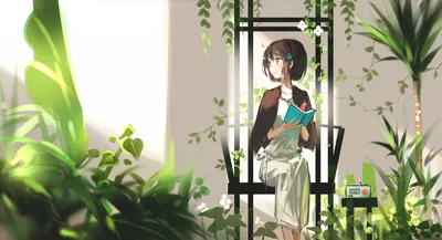 Anime Original Girl Sitting Amidst Abstract Wallpaper 4K 1920x1040 Hd, Anime-style, Original, Artwork, Of, A, Girl, Sitting, Amidst, Lush, Green, Plants, White, Gray, Ultrawide, Full HD