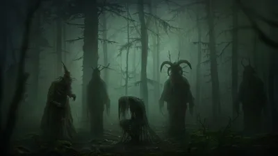Dark Eerie Forest Shadowy Black/Dark Wallpaper 4K 1920x1080 Dark, Eerie, Forest, Scene, With, Shadowy, Horned, Creatures, Lurking, Among, Tall, Trees, Brown, Ultrawide, Full HD